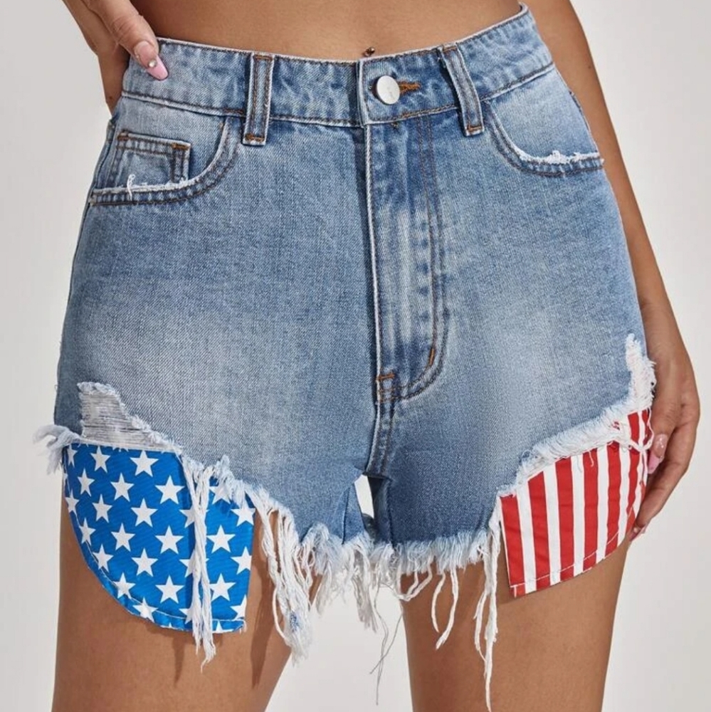 Star and Striped Bleached Washed Denim Shorts M